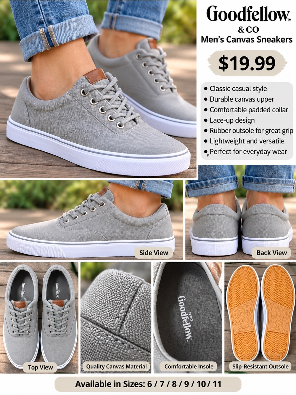 Goodfellow & Co Men's Light Gray Canvas Sneakers with Tan Heel Tab